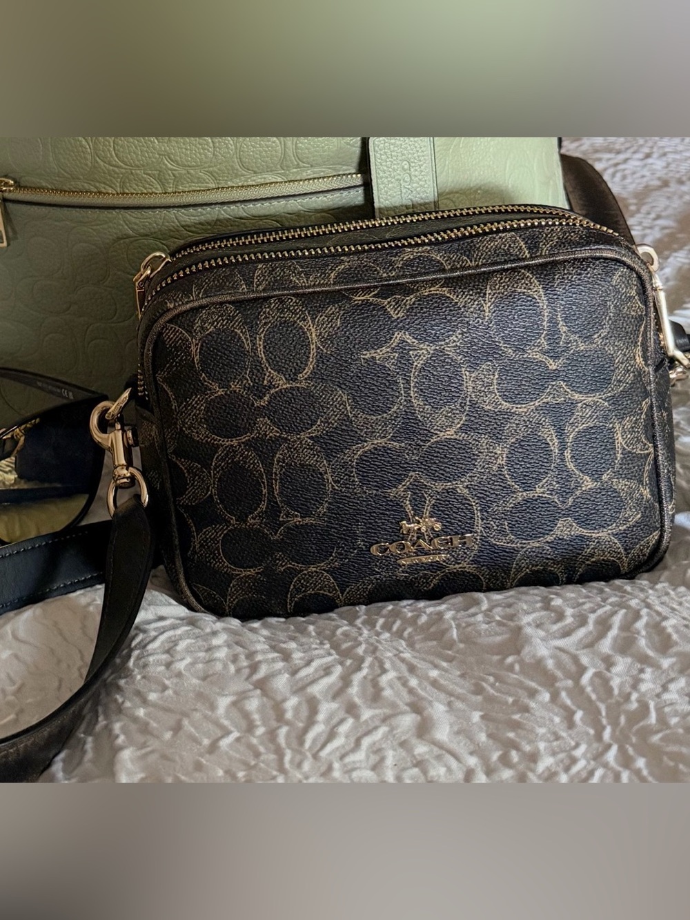 Coach Brown and Black Signature Loved Leather Mini Carey with Gold Hardware
